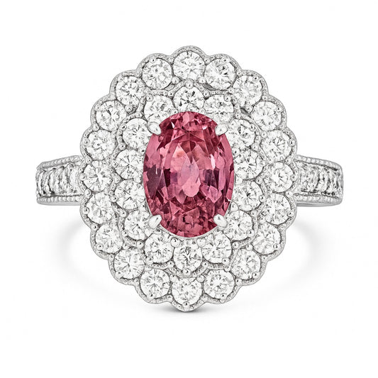 Platinum 1.73ct Oval Unheated Padparadscha 1.00cttw White Diamonds Ring