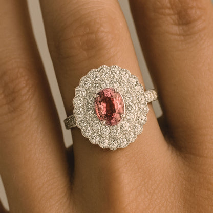 Platinum 1.73ct Oval Unheated Padparadscha 1.00cttw White Diamonds Ring