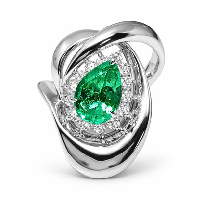 Platinum 1.21ct Pear Shape Colombian Emerald 0.31cttw White Diamonds Ring