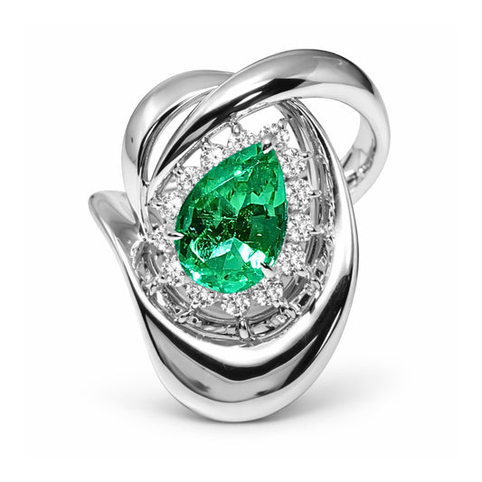 Platinum 1.21ct Pear Shape Colombian Emerald 0.31cttw White Diamonds Ring