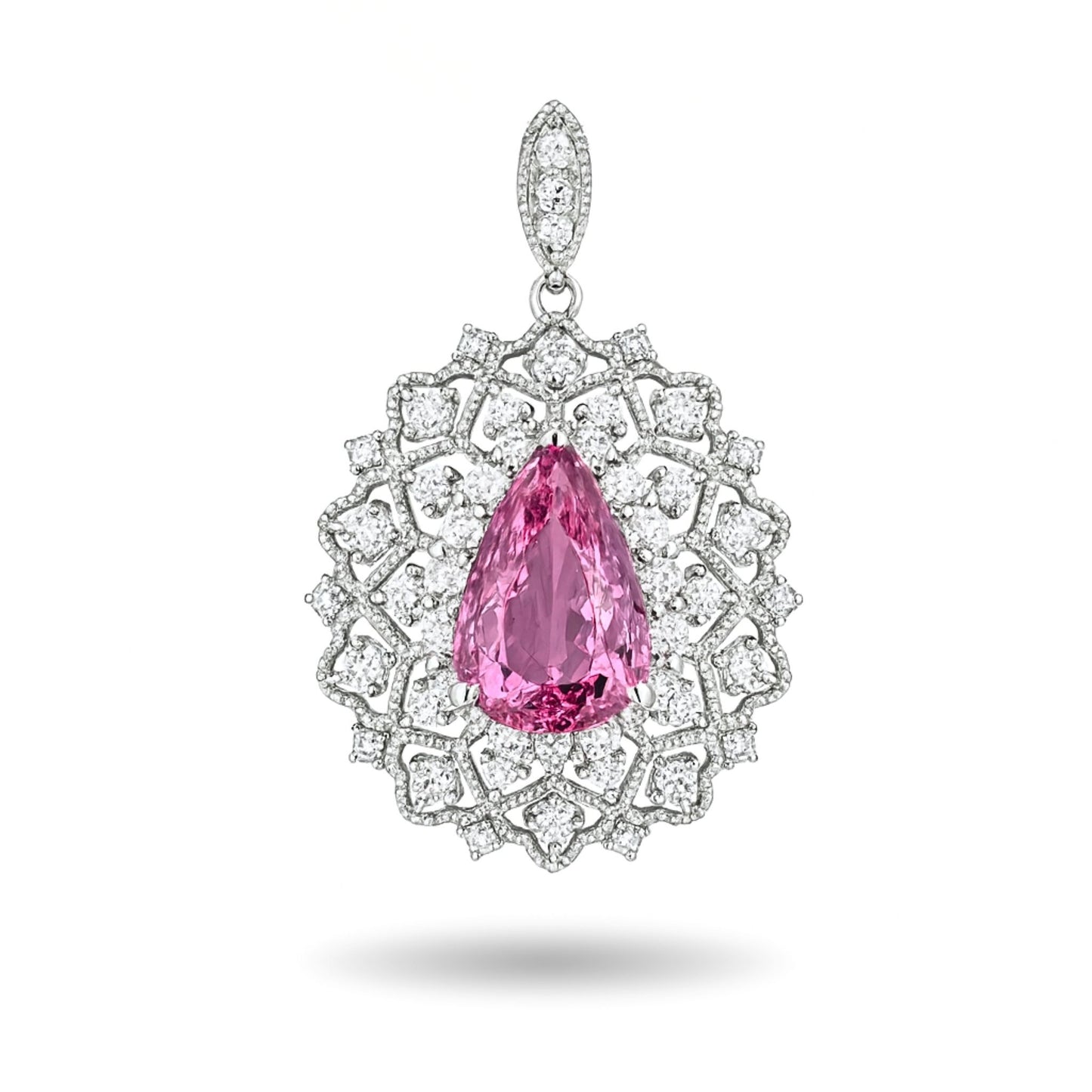 Platinum 3.63ct Pear Shape Pink Imperial Topaz 1.01cttw White Diamonds Pendant