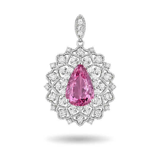 Platinum 3.63ct Pear Shape Pink Imperial Topaz 1.01cttw White Diamonds Pendant