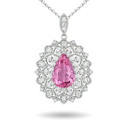 Platinum 3.63ct Pear Shape Pink Imperial Topaz 1.01cttw White Diamonds Pendant
